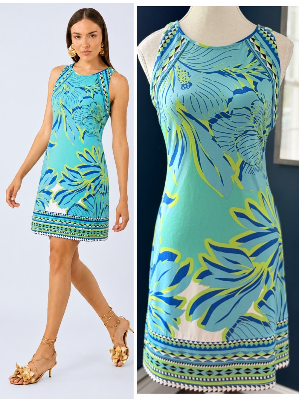 Hale Bob Tropical Floral Jersey Dress | Aqua Blue & Lime Green Print | Size XS